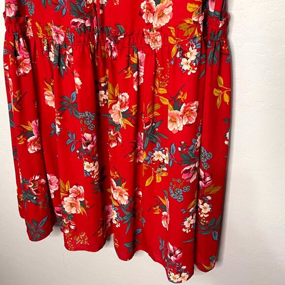 LOFT Red Floral Smocked Swing Tie Neck Dress 18 - Picture 5 of 10